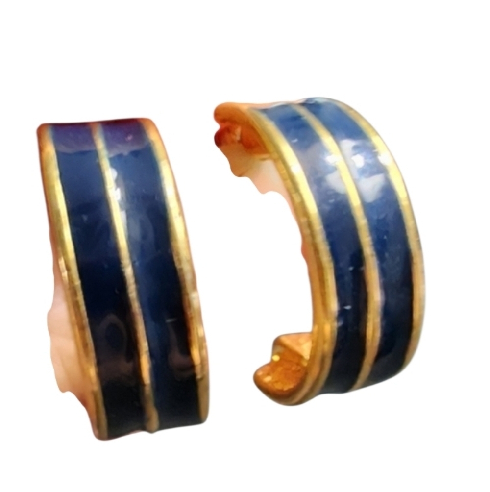 Goldtone Navy Enamel Hoop Earrings